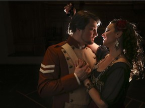 Sandra Piques Eddy as Carmen, right, and Antoine Belanger as Don Jose, pose for a photo at Arrata Opera House in Calgary, on April 8, 2015. --  (Crystal Schick/Calgary Herald)