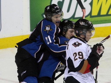 The Calgary Hitmen lose to the Kootenay Ice in the opening round of the Western Hockey League playoff series at the Scotiabank Saddledome in Calgary on April 3, 2015.