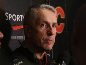 Calgary Flames head coach Bob Hartley speaks to the media at the Scotiabank Saddledome, on April 8, 2015.