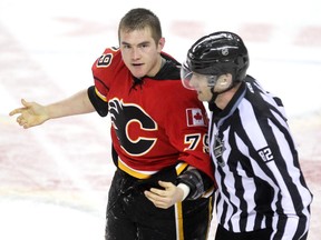 Calgary Flames left winger Michael Ferland was escorted off the ice after a fight against Kevin Bieksa in the final minutes of the game against the Vancouver Canucks on Sunday night. The youngster had nine hits and embedded himself firmly under the skin of the Canucks.