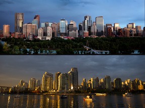 Top: the Calgary skyline. Below: THe Vancouver skyline.