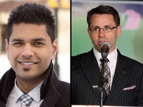 Left, Jamie Lall, who was not allowed to run as a PC in Chestermere-Rocky View. On the right, incumbent MLA Bruce McAllister