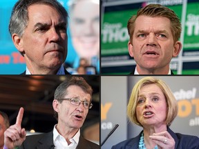 Clockwise from upper right: Jim Prentice, Brian Jean, Rachel Notley and David Swann