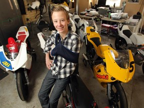 This season marks the fourth season Braeden Ortt, 15, has been racing road racing motorcycles, this year in the United States and in Europe. He recently broke his collar bone and is temporarily not racing. He was photographed on April 1, 2015.