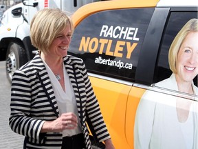 NDP leader Rachel Notley talks to media in Calgary, on April 28, 2015.