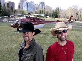 Paul Brandt and Dean Brody took their fans on a 'road trip' in the sky as they arrive in Calgary by helicopter, in Calgary, on April 21, 2015.