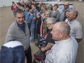 Alberta PC leader Jim Prentice was campaigning in Redwater with candidate Jeff Johnson on April 19, 2015.