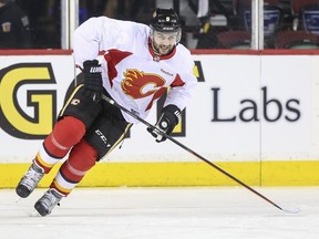 Calgary Flames captain Mark Giordano skated hard during April 18 practice. He's still a major longshot to suit up in the playoffs for the team after tearing his biceps in late February.
