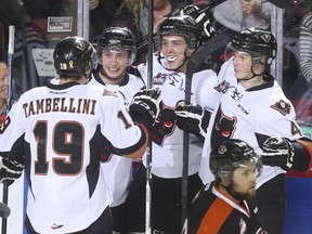 The Calgary Hitmen cheer after scoring on the Medicine Hat Tigers at the Scotiabank Saddledome in Calgary on Friday, April 17, 2015. The Calgary Hitmen beat the Tigers 4-3 in double overtime.