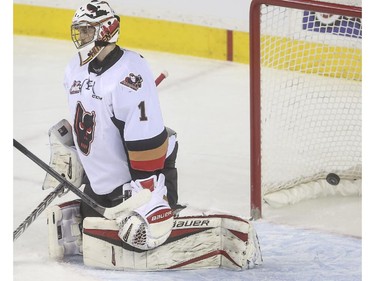 Calgary Hitmen's goalie Brendan Burke shows his disappointment after letting in another goal and being pulled during WHL playoff action the Brandon Wheat Kings at the Saddledome in Calgary, on April 29, 2015.