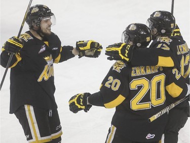 Brandon Wheat Kings Reid Gow celebrates his tying goal during WHL playoff action against the Calgary Hitmen at the Saddledome in Calgary, on April 29, 2015.