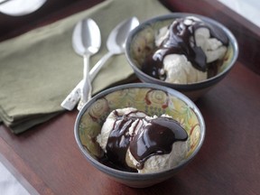 Ice cream with Hot Fudge Sauce made from a recipe in Big Gay Ice Cream by Bryan Petroff and Douglas Quint (Clarkson Potter/Publishers).