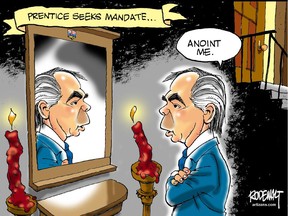 Jim Prentice hopes to be anointed by a new electoral mandate. Vance Rodewalt editorial cartoon for Calgary Herald issue of Monday, April 13, 2015.