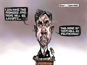 John Larter editorial cartoon showing Premier Prentice on budget day saying there will be layoffs, but none of them will be politicians, for Calgary Herald edition of Friday, March 27, 2015.