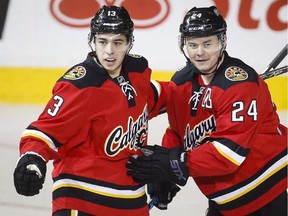 Calgary Flames' Johnny Gaudrea, left, celebrating with teammate Jiri Hudler, right, has emerged a scary offensive threat, putting his slow start to the season well in the past.
