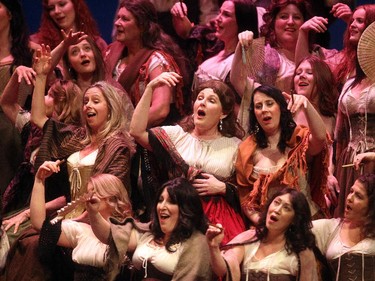 The women of the factory in a first act scene from the Calgary Opera production of Carmen at the Jubilee Thursday April 16, 2015.