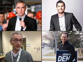 Clockwise from upper left: PC leader Jim Prentice, Independent MLA candidate Jamie Lall, PC MLA candidate and former justice minister Jonathan Denis, PC executive director Kelley Charlebois.