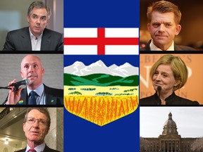 The leaders of the five leading political parties in Alberta. Clockwise from the upper lift: Jim Prentice, Brian Jean, Rachel Notley, David Swann, Greg Clark.