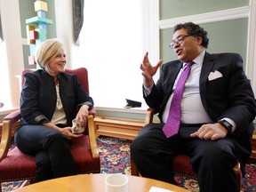 NDP Leader Rachel Notley and Calgary Mayor Naheed Nenshi chat in Nenshi's City Hall office on Thursday April 30, 2015.