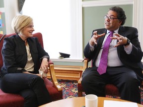 NDP leader Rachel Notley and Calgary Mayor Naheed Nenshi chat in Nenshi's City Hall office on Thursday April 30, 2015.