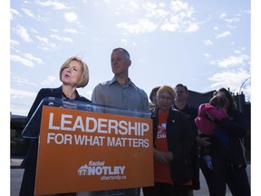 Rachel Notley speaks to the media on the first day of advance voting on Wednesday, April 29, 2015.