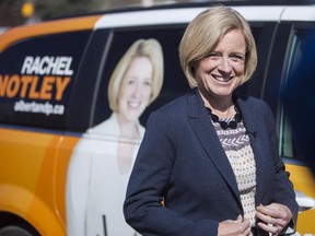 Rachel Notley speaks to the media on the first day of advance voting on Wednesday.