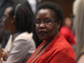 Keynote speaker Dr. Chantal Kalisa at the Mount Royal University as the Rwandan community honours those who perished and the survivors of the 1994 Genocide, in Calgary, on April 11, 2015.