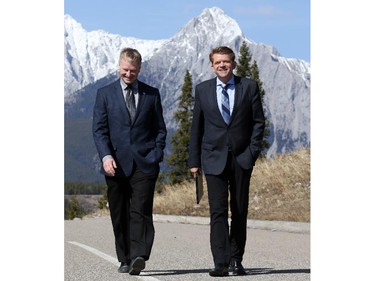 Wildrose leader Brian Jean walks with Banff-Cochrane Wildrose candidate Scott Wagner at the Kananaskis Golf Course on Wednesday April 8, 2015.