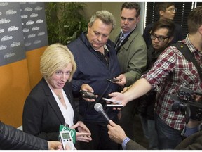 Rachel Notley speaks with media after an NDP rally at Hotel Arts in Calgary, on April 24, 2015.