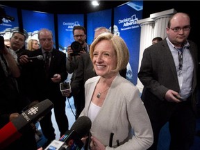 NDP Leader Rachel Notley speaks to media after the leaders debate in Edmonton on Thursday April 23, 2015.THE CANADIAN PRESS/Jason Franson