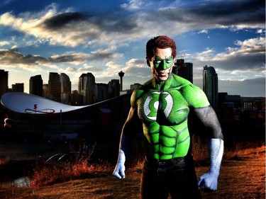 Ken Dove models makeup artist Lianne Moseley's DC Comic character Green Lantern in Calgary on April 1, 2015.