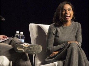 Rosario Dawson, popular actress seen in productions such as Sin City, Clerks II, and the hit series Daredevil, laughs as she is interviewed in The Agrium Building at Calgary Comic and Entertainment Expo on April 18, 2015.