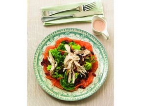 Salad Greens with Chicken, Grapefruit, Cranberries and Hemp Heart Dressing from The Great Rotisserie Chicken Cookbook by Eric Akis, published by Random House Canada.