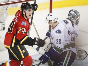 Micheal Ferland, seen celebrating the winning goal against Vancouver in Game 6 last Saturday, is ready for a greater physical challenge in the burly Anaheim Ducks.