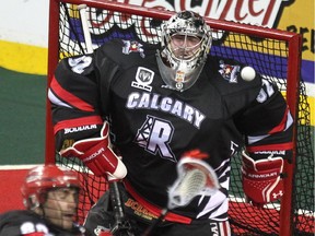 Calgary Roughnecks goalie Frankie Scigliano, seen making a save against the Edmonton Rush earlier this month, was stellar in leading the team to a 10-6 win over Minnesota on Saturday that puts them a win away from a playoff spot.