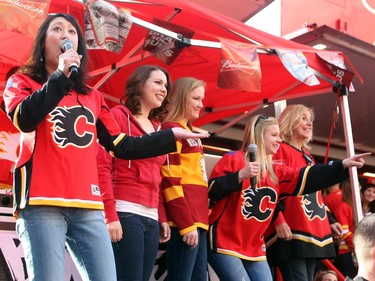 Members of the Cowtown Opera performed in the fan zone as hockey fans got geared up for Game 4 of the playoffs between the Calgary Flames and the Vancouver Canucks at the Scotiabank Saddledome on April 21, 2015.