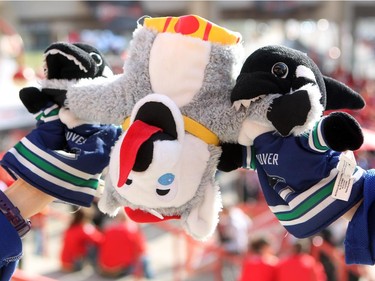 Vancouver hockey fans Helen Lo and Grace Chun, from Vancouver, got geared up for Game 4 of the playoffs between the Calgary Flames and the Vancouver Canucks at the Scotiabank Saddledome on April 21, 2015. The both had Canucks mascot Fin the Whale hand puppets which they were tormenting a Harvey the Hound puppet prior to the game.