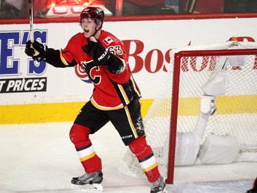 Calgary Flames centre Sam Bennett celebrated after the Flames third goal of the game against the Vancouver Canucks during first period NHL playoff action in game 4 of the series at the Scotiabank Saddledome in Calgary on April 21, 2015.