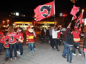 Calgary Police temporarily closed down a section of 17th avenue S.W. after fans gathered to celebrate the Calgary Flames downing the Vancouver Canucks 3-1 in game 4 of their NHL playoff series.
