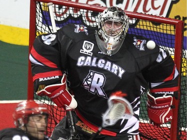 FILE: Calgary Roughnecks goalie Frankie Scigliano made a save on an Edmonton Rush shot during first half NLL action at the Scotiabank Saddledome on April 10, 2015.