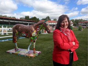 Linda Southern-Heathcott stands next to one of the twenty painted horses by charities hurting from last years flood, in the International ring at Spruce Meadows in Calgary on June 5, 2014.The horse statues are part of the Horses Jump To Give A Leg Up campaign.