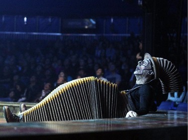 Cirque du Soleil performers hit the stage as the Acro Net act was performed during the Kurios Cabinet of Curiosities dress rehearsal night at the Calgary Stampede grounds on April 8, 2015.