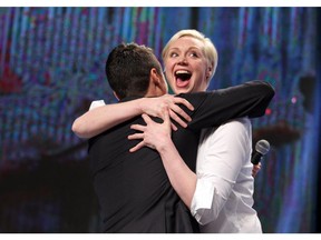Gwendoline Christie from Games of Thrones hugs DJ Tanner as she was introduced on stage as she did a panel discussion in the Corral.