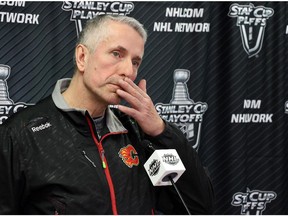 CALGARY, ; APRIL 20, 2015  --Head coach Bob Hartley talks about game three  as the Calgary Flames talked to the media on Monday, April 20, 2015. (Lorraine Hjalte/Calgary Herald) For Sports story by . Trax # 00064325A