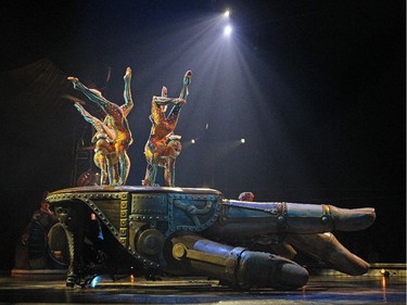 Cirque du Soleil contortion performers presented Kurios Cabinet of Curiosities during their dress rehearsal night at the Calgary Stampede grounds on April 8, 2015.