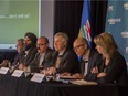 The Hon. Frank Oberle, from left, Manmeet Bhullar, Ric McIver, Robin Campbell, Stephen Mandel, and Diana McQueen, gather to talk about the financial future of Alberta and explain that the Wildrose's numbers "don't add up," during a campaign announcement in Calgary, on April 17, 2015.