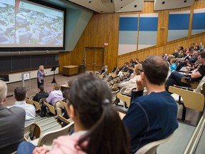 University of Calgary President Elizabeth Cannon speaks to the audience at the budget town hall on Monday in Science Theatres 148.