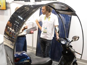 Calgary-based QSolar provided a solar power canopy for this scooter at the Consumer Electronics Show in Las Vegas in January 2015.