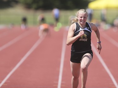 Carly Buckley of the Queen Elizabeth Knights competes in the 100 metre girls senior dash at the Foothills Athletic Park in Calgary on Saturday, May 23, 2015.