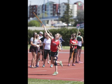 City high school track and field athletes compete in javelin as part of the CSHSAA championships at the Foothills Athletic Park in Calgary on Saturday, May 23, 2015.